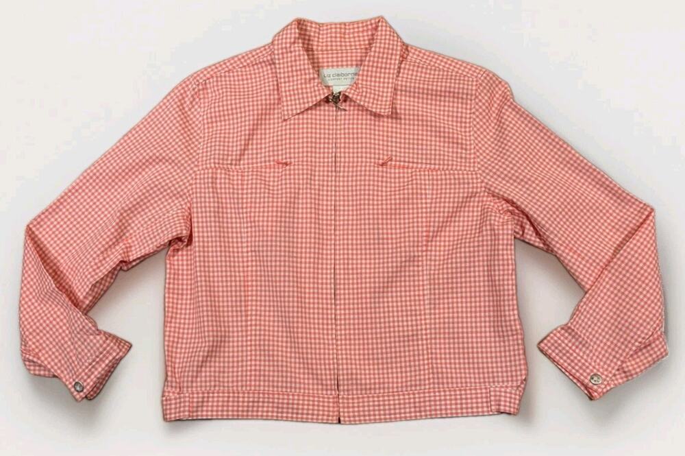 Liz Claiborne Lizsport Petite M Jacket Pink Gingham Zip Up 90s Preppy